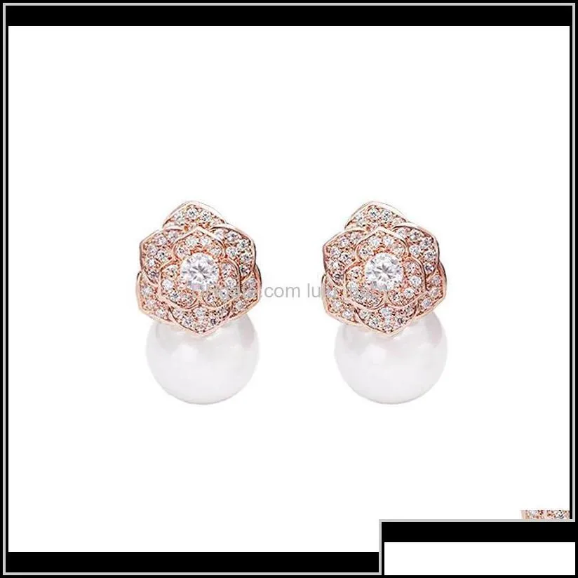 Lovely Diamond Zircon Camillia Flower Pearl Earrings For Woman Girls Super Glittering Ins Fashion Luxury Designer 925 Silver Post C6St