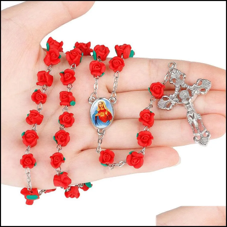 red rose beads rosary necklace christian cross soft pottery rosaries long necklaces religious jewelry for women girls fashion will and