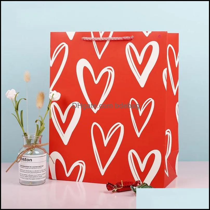 valentine love gift bag red heart printed shopping gift packaging bag white kraft paper small large present wrapping bags