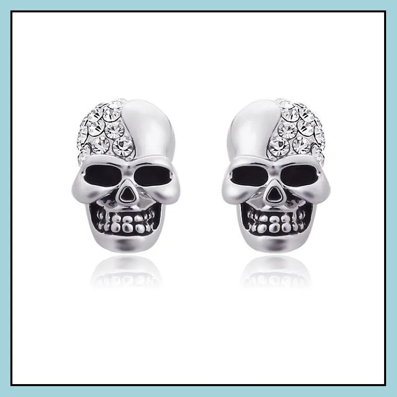 fashion skull ear studs 9mm retro smooth surface rhinestones gold plated earrings for men and women halloween jewelry factory direct