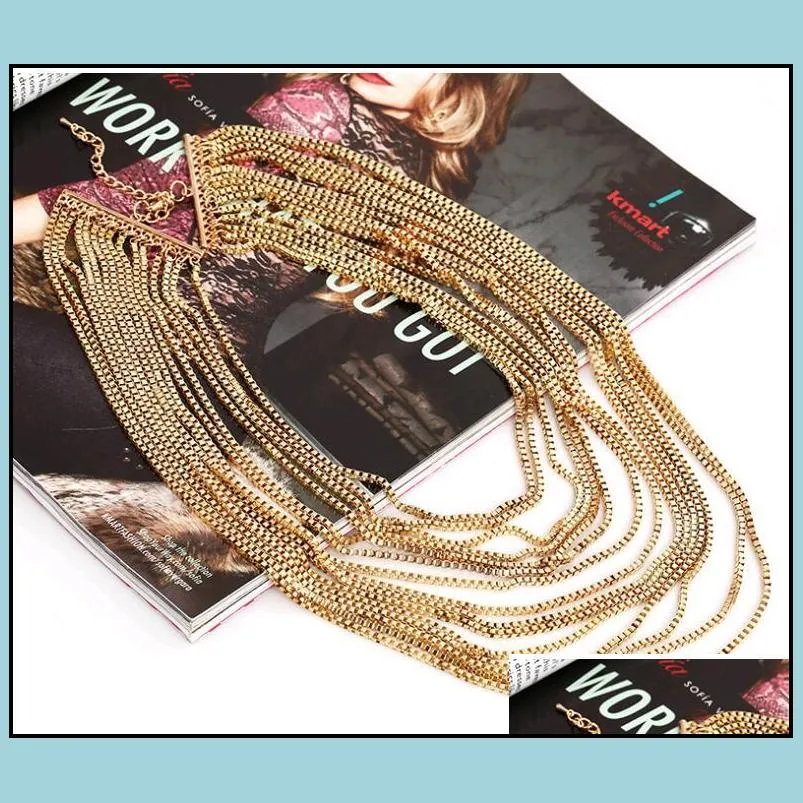 exaggerated vintage multilayer choker necklace long tassel fringe neck body chain sautoir gold silver black fashion jewelry mix
