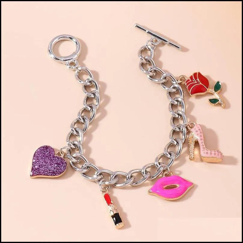 charm bracelets punk thick chain exquisite bangle for women high heels lipstick red lip glitter love flower bracelet fashion jewelry