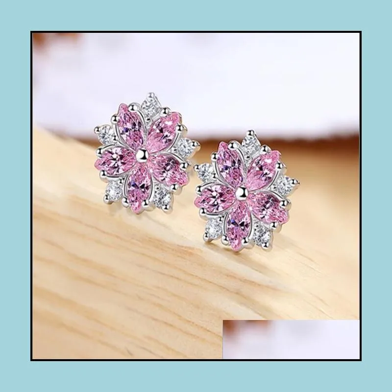 925 sterling silver stud earrings for girls crystal cherry blossom flower earrings south korean elegant women ear jewelry