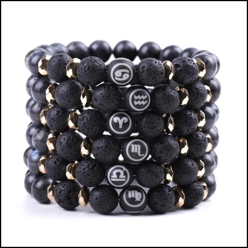 12 constell strands bracelet black natural stone horoscope zodiac sign beaded bracelets for women men fashion jewelry will and sandy