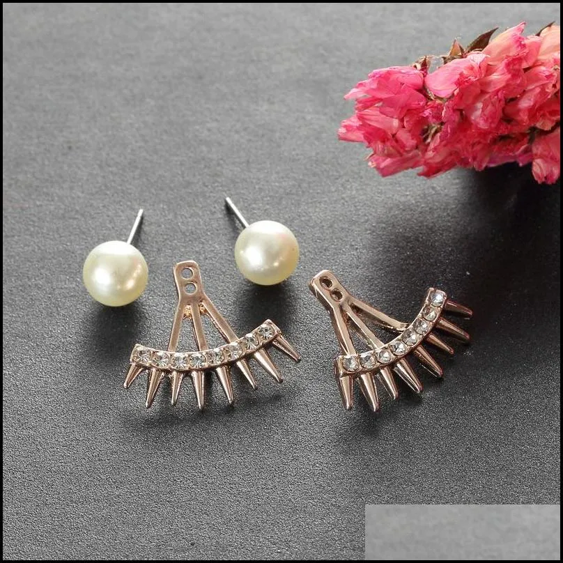 new punk pearl stud front and back two sided pointed diamond studs earrings for women models fashion jewelry manufacturers