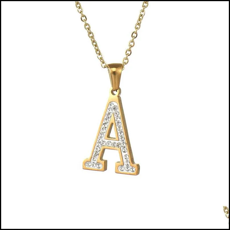 stainless steel letter pandent necklace with zircon stones 18k gold plated diamond studded initials pendants for women wholesale