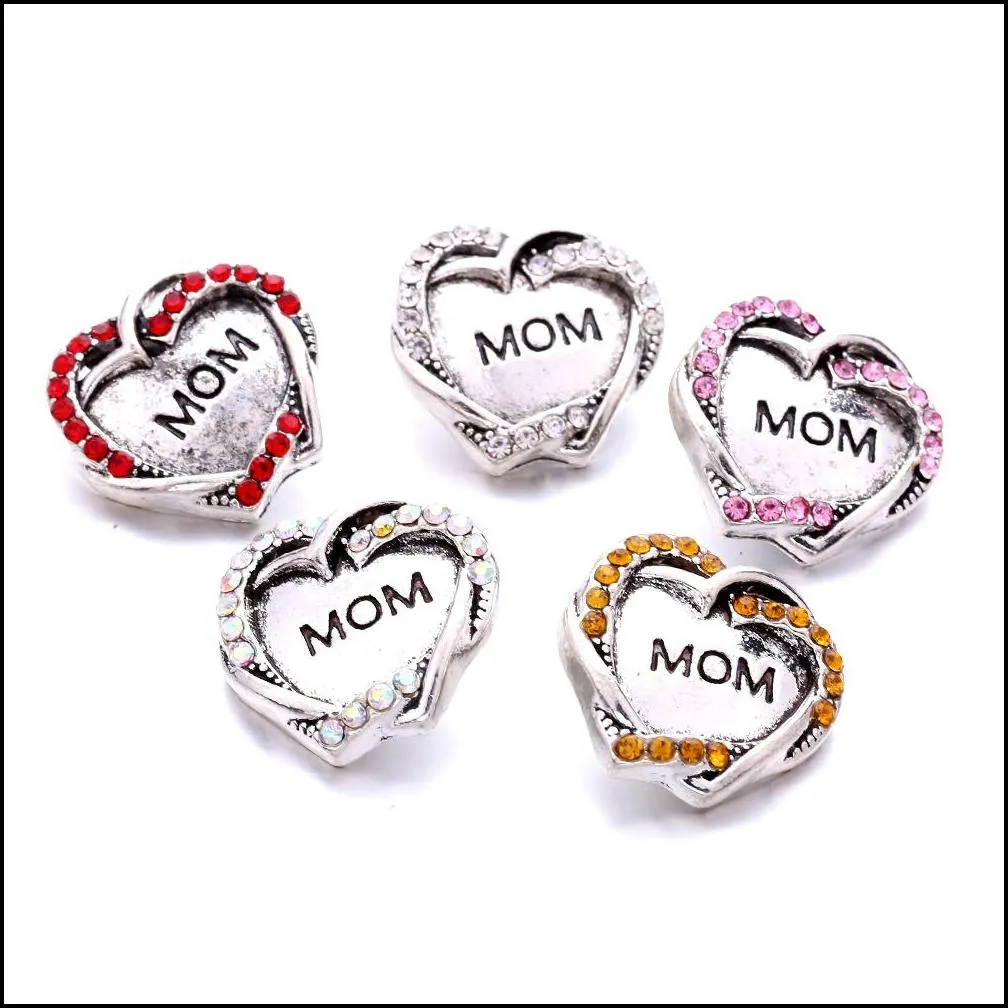 heart mom love rhinestone snap button charms women jewelry findings 18mm metal snaps buttons diy bracelet jewellery wholesale