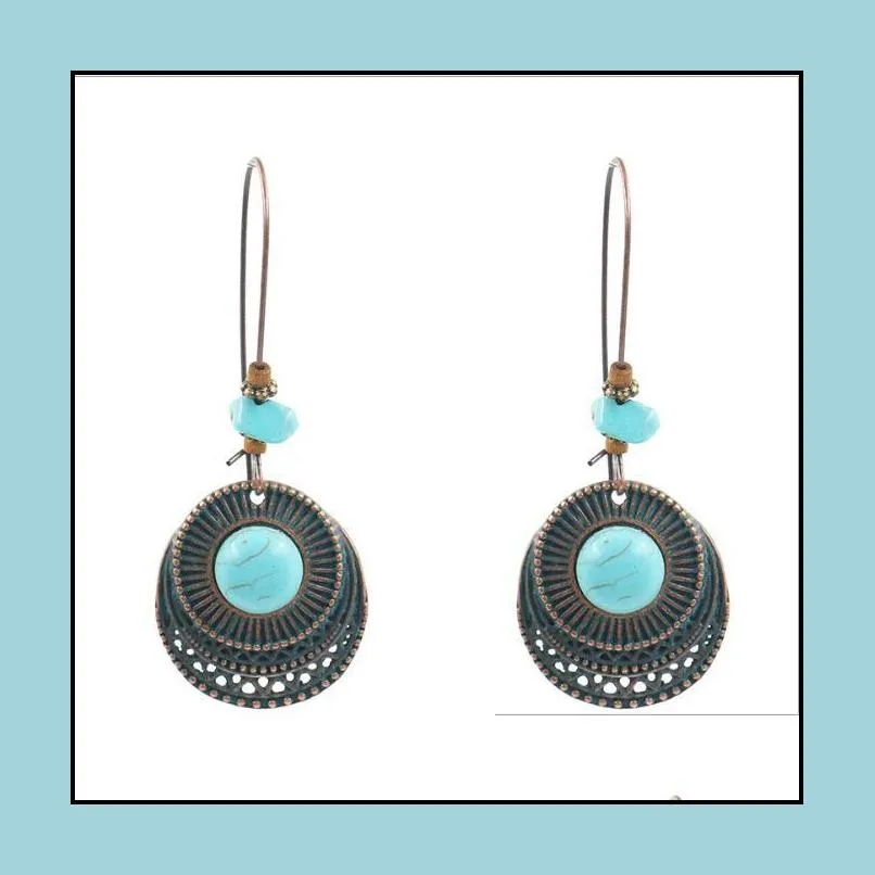 bohemian style turquoise dangle chandeliers earrings exaggerated stone ear hooks hoop earings jewelry manufacturers wholesale