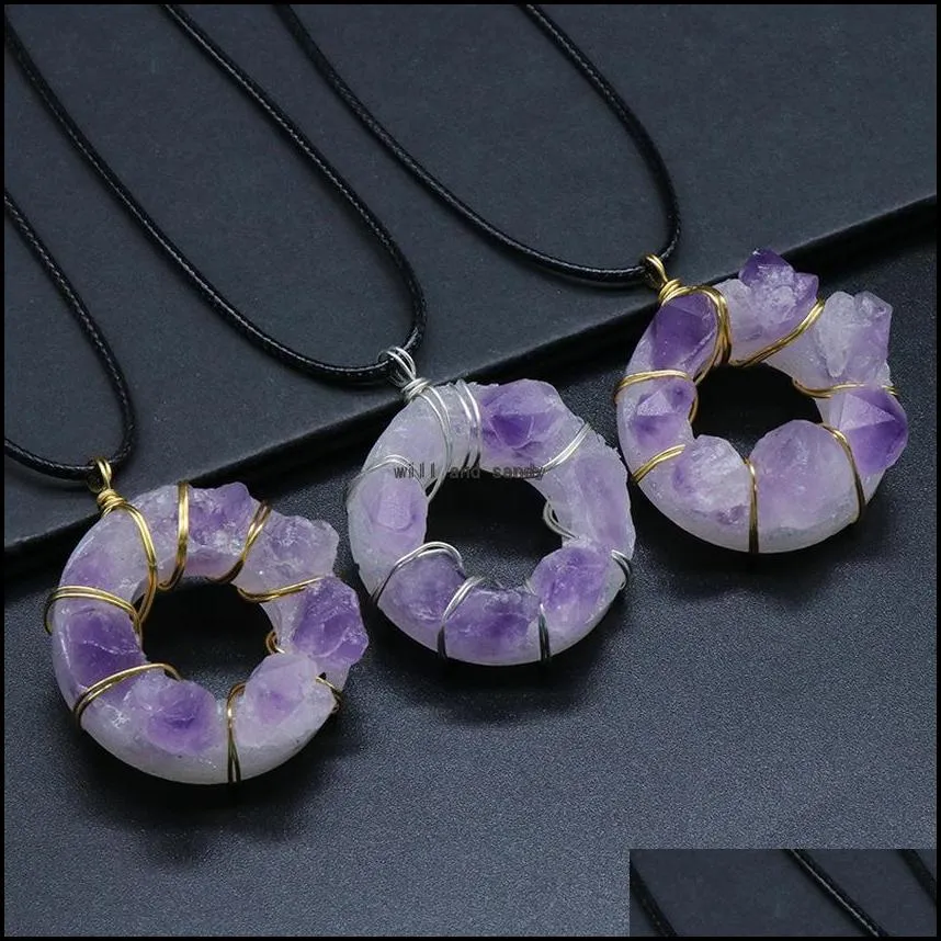 irregular wire wrapped natural stone amethyst necklace pendant 35mm donut pendant healing crystal collar necklaces for women fashion jewelry will and
