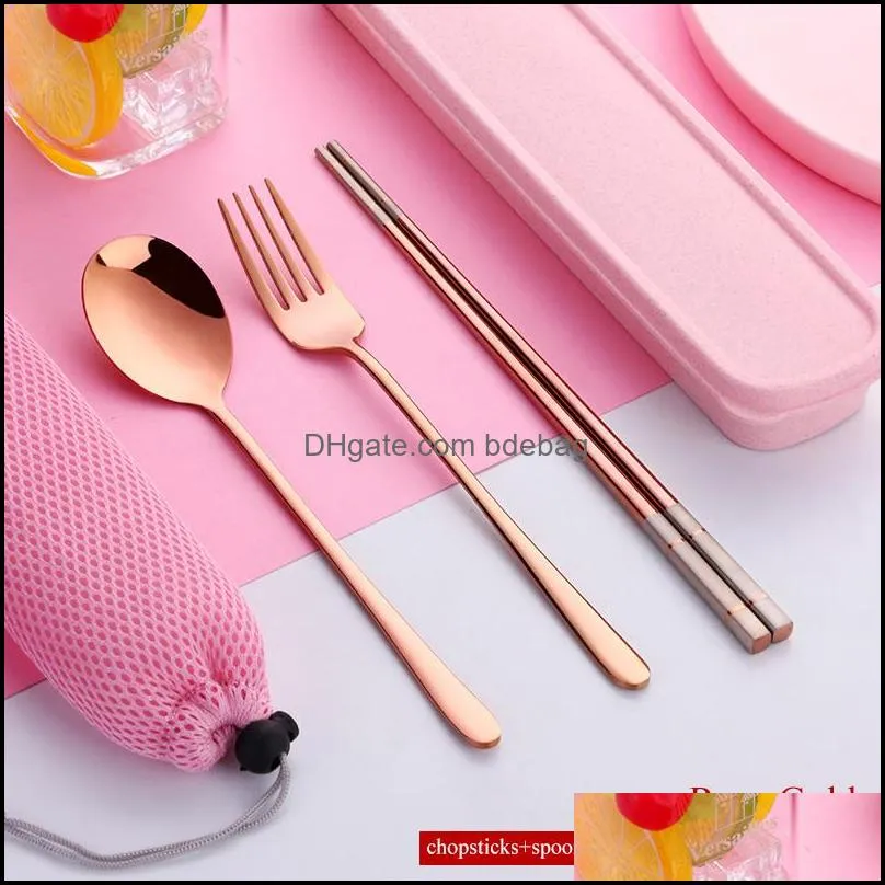 304 stainless steel chopsticks spoon fork tableware set with portable gift box and bag for adult school travel picnic cutlery set