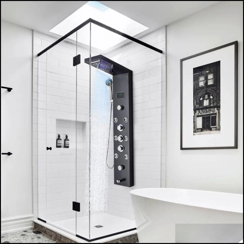 bathroom shower heads led light shower panel waterfall rain digital display shower faucet set spa massage jet bathroom column mixer tap tower system