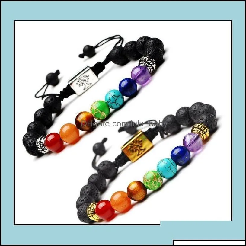 beaded strands bracelets jewelry yoga handmade beaded 7 chakra tree of life charm lava stones beads rope black volcanic stone bracelet