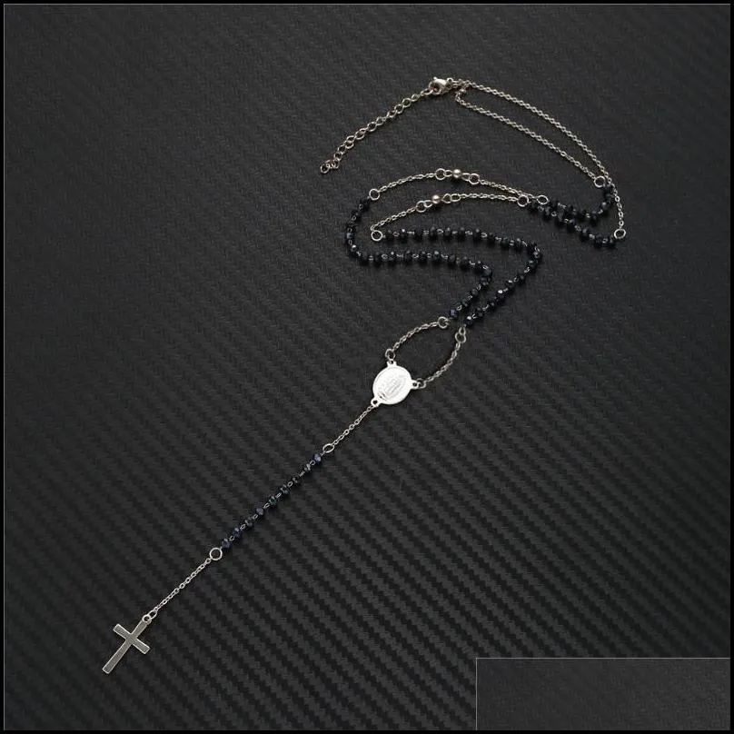 pendant necklaces catholic stainless steel rosary beads chain y shape virgin necklace for women men religious cross jewelry307l