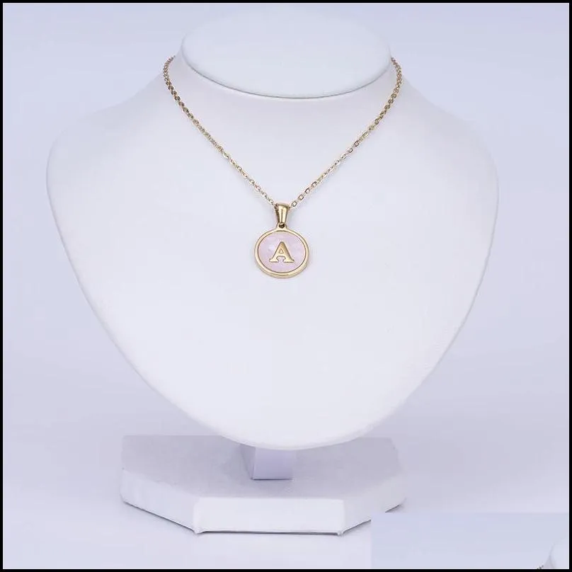 18k gold plated round shape letter pendant necklaces stainless steel pink shell golden alphabet letters necklace for women wholesale