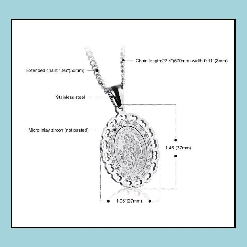 blessed virgin mary pendant necklace with rhinestone stainless steel oval hollow carved women men amulet trendy religious jewelry