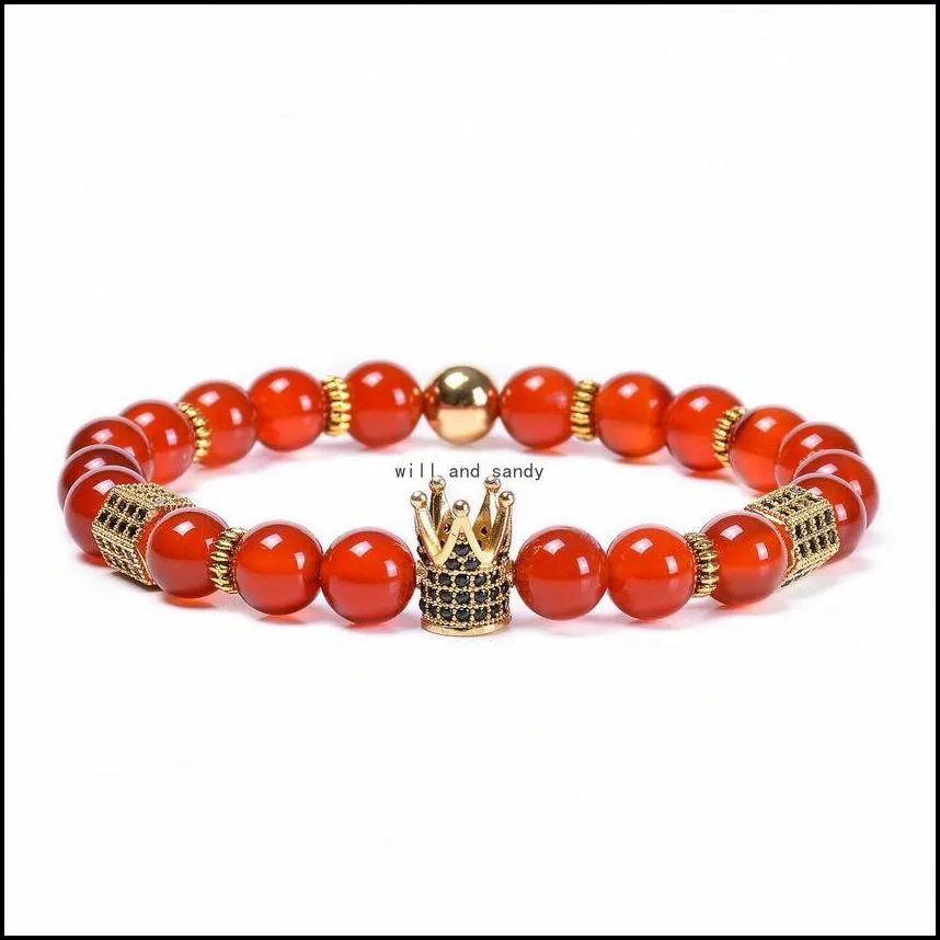 copper microinlaid zircon crown bracelets braided natural stone red agate bracelet bead adjustable strand bracelet for women men fashion jewelry will and