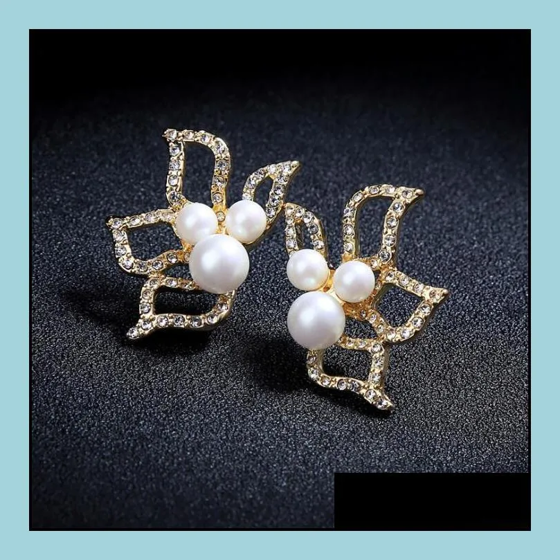 creative crystal rhinestone pearl flower ear stud hollow butterfly gold color earrings european united states fashion jewelry