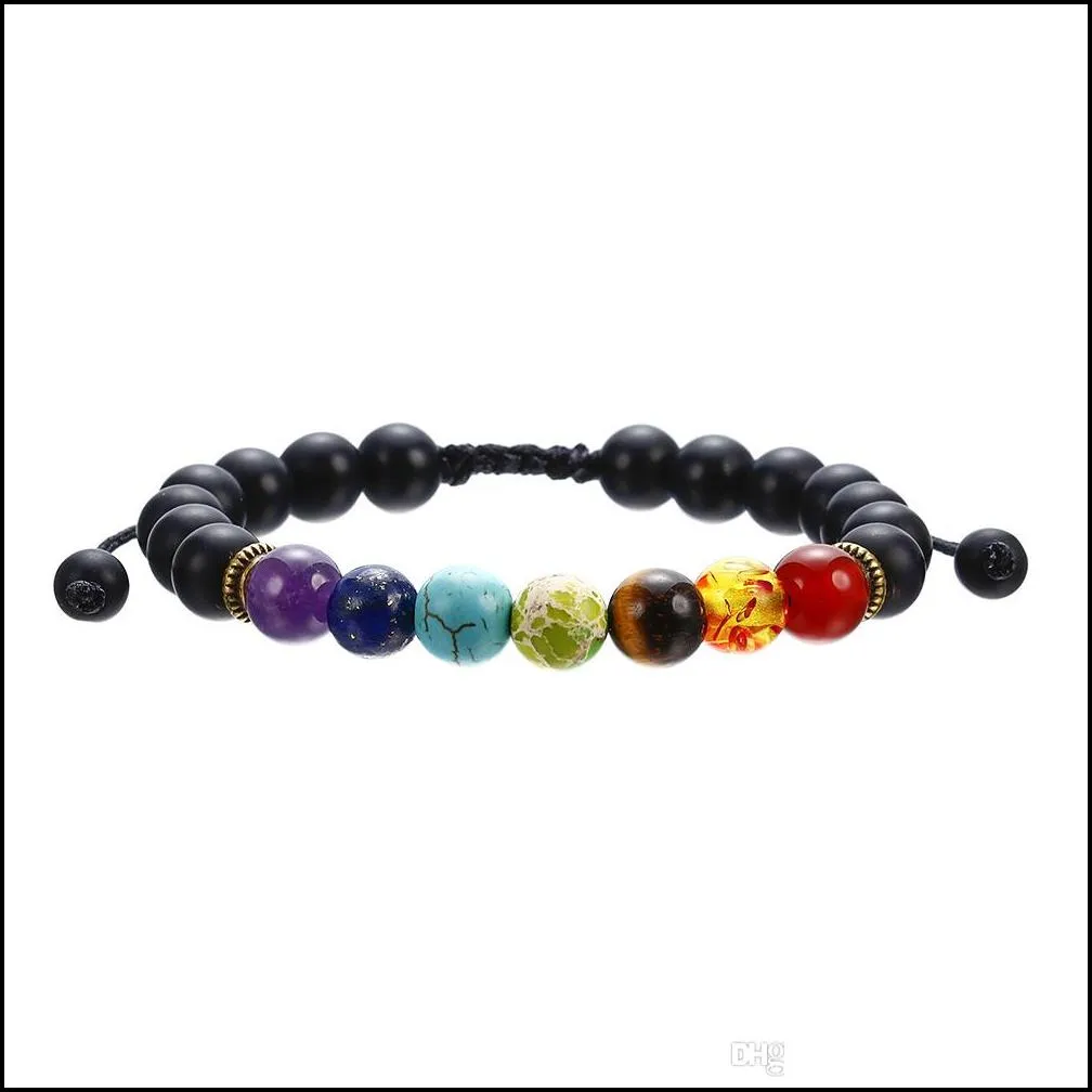 7 chakra beaded strands yoga bracelet men lava healing balance beads reiki buddha prayer natural stone frosted black agate bracelets drop