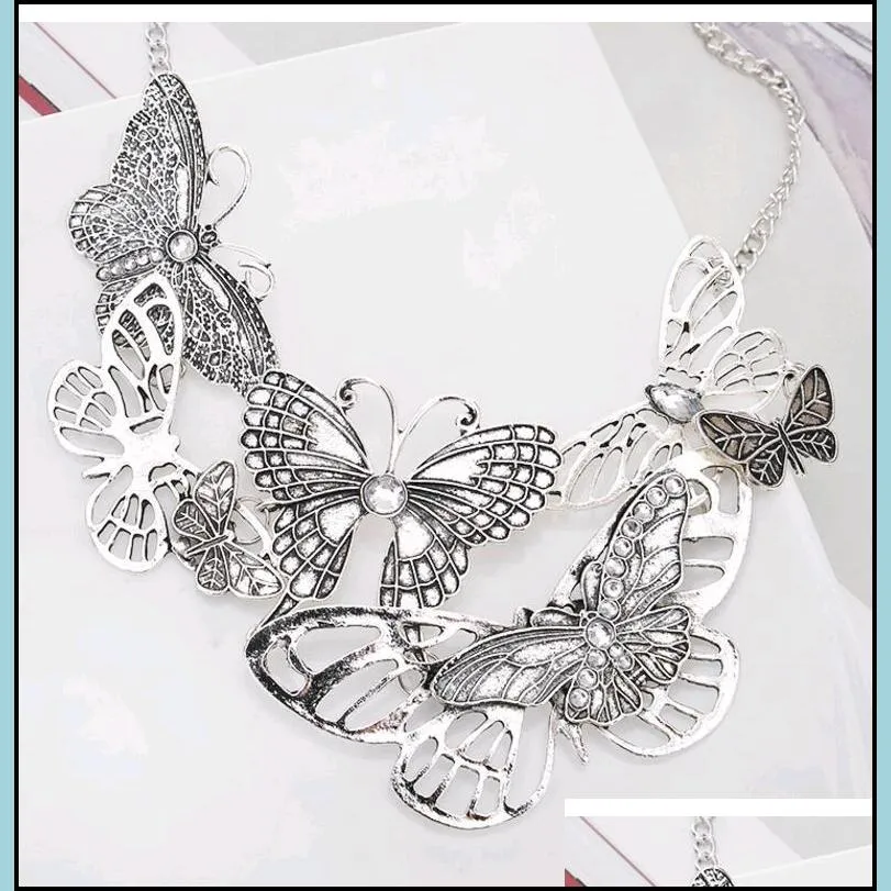 fashion jewelry vintage retro antique silver openwork metal alloy crystal stone butterfly choker collar statement necklace for women