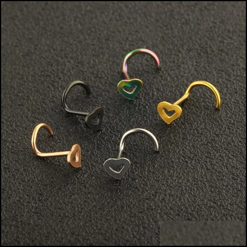 fashion stainless steel nose studs heart shape multicolor nose rings hooks piercing body piercings jewelry