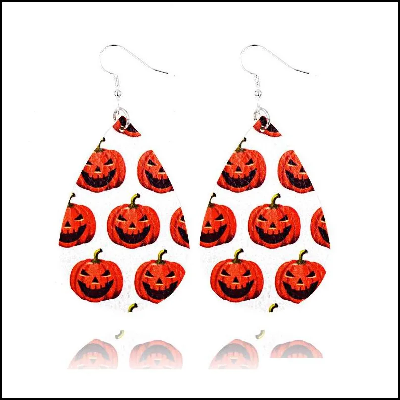 halloween easter leather earrings tear drop dangle chandeliers pumpkin skull design pattern print ear hook earings for women mix bulk