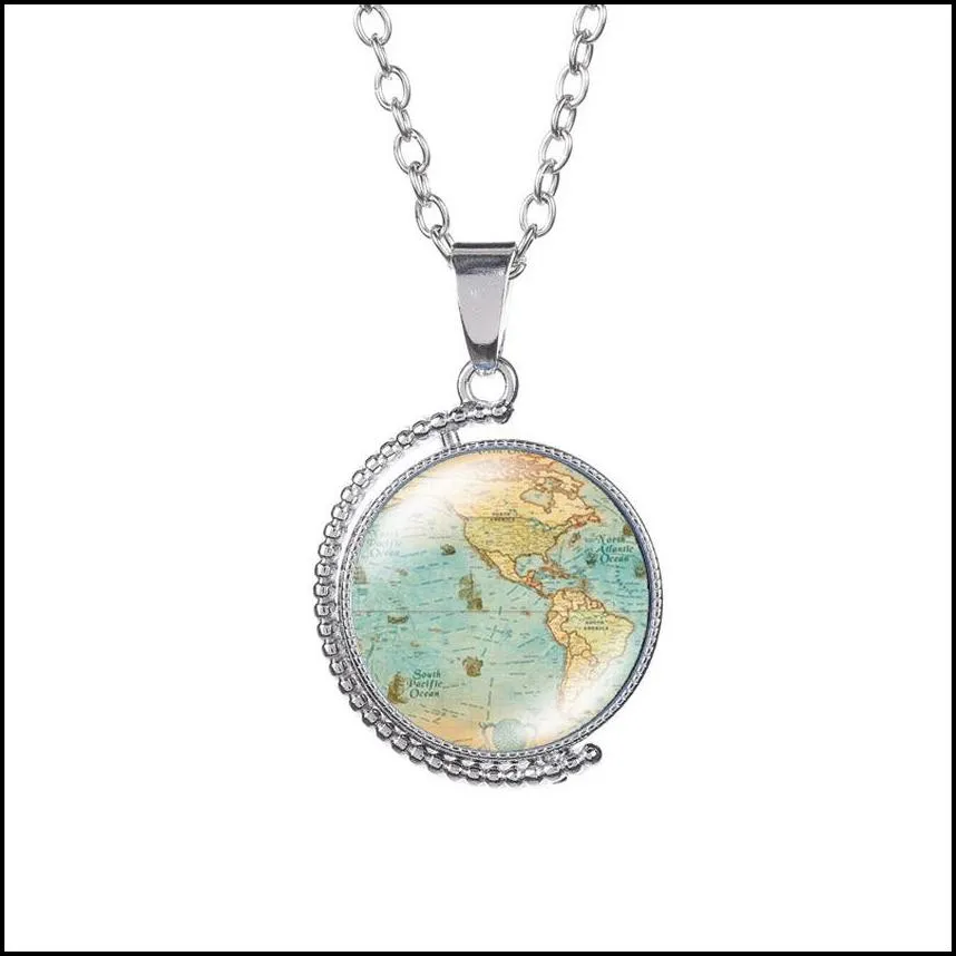 rotatable glass cabochon world map necklace time gem double sided pendant necklaces women children sweater chain fashion jewelry will and