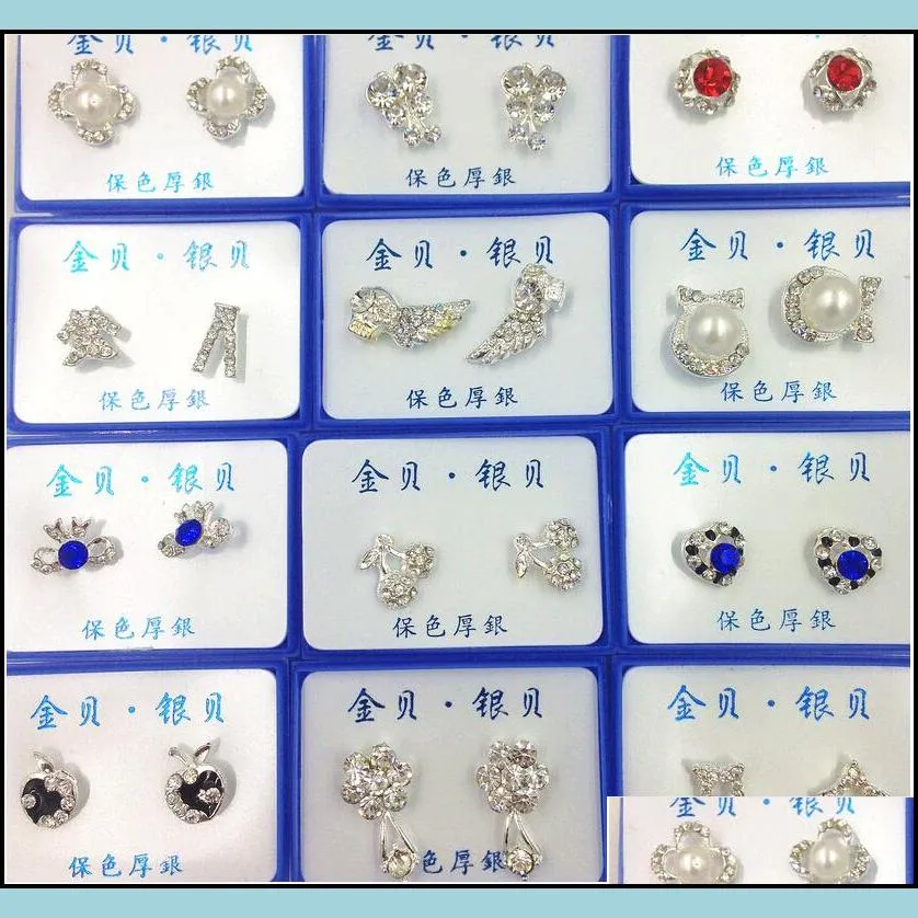 fashion korean exquisite jewelry stud earrings rhinestone color protective plate anti allergic many styles multicolor earings sale mix
