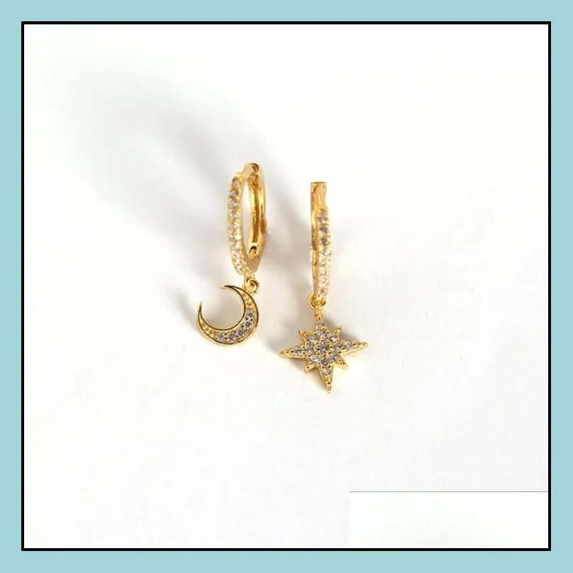 asymmetrical moon star charm earrings 925 sterling silver hoop earring ear studs jewellery for female white/gold