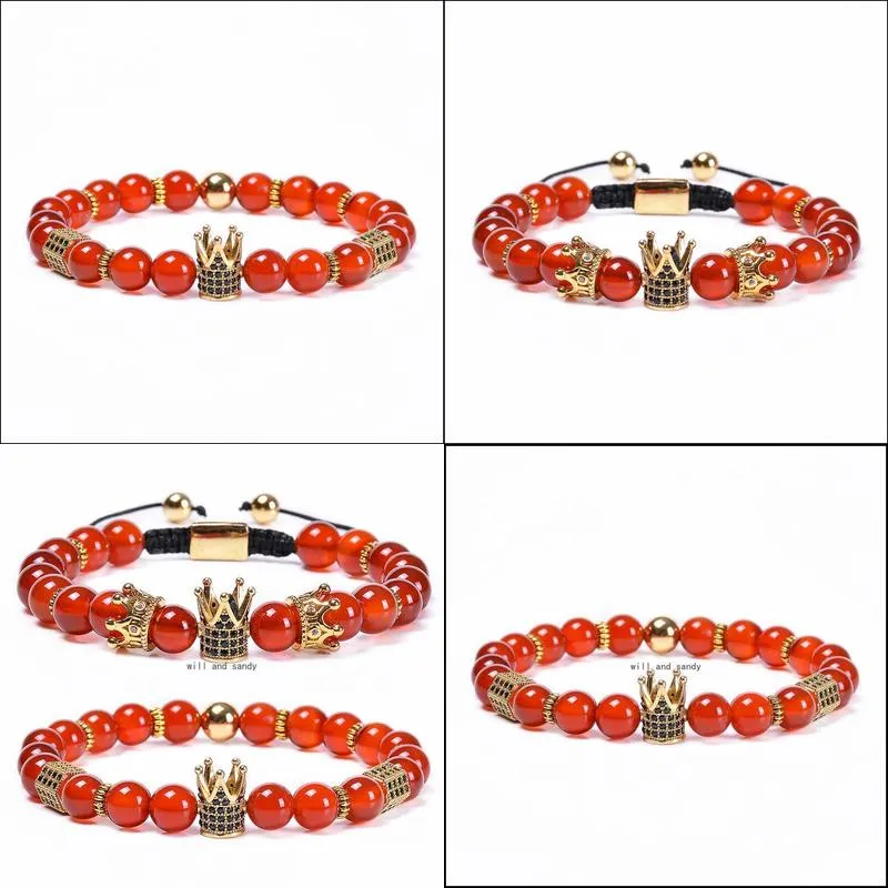 copper microinlaid zircon crown bracelets braided natural stone red agate bracelet bead adjustable strand bracelet for women men fashion jewelry will and