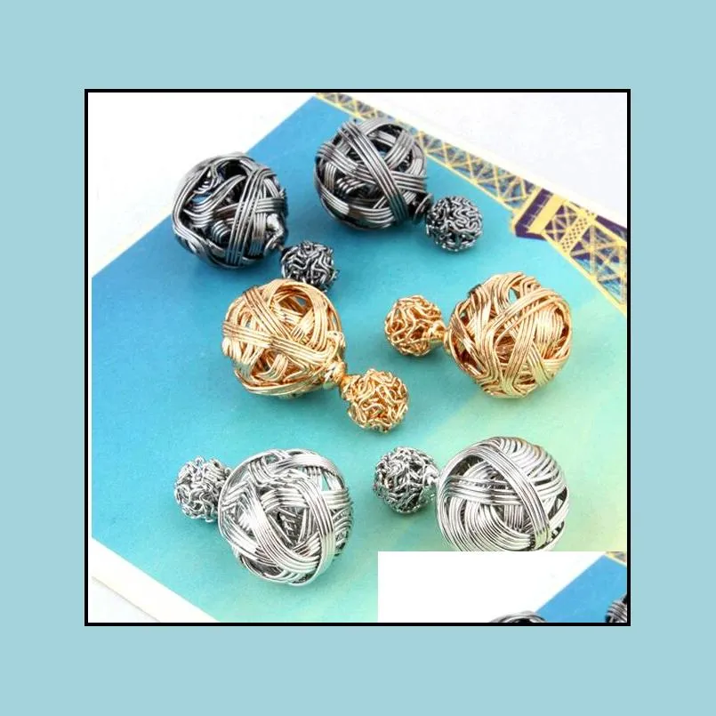 fashion trendy double sides ball earrings hollow out wire drawing knitting wool shaped double balls stud earrings jewelry wholesale