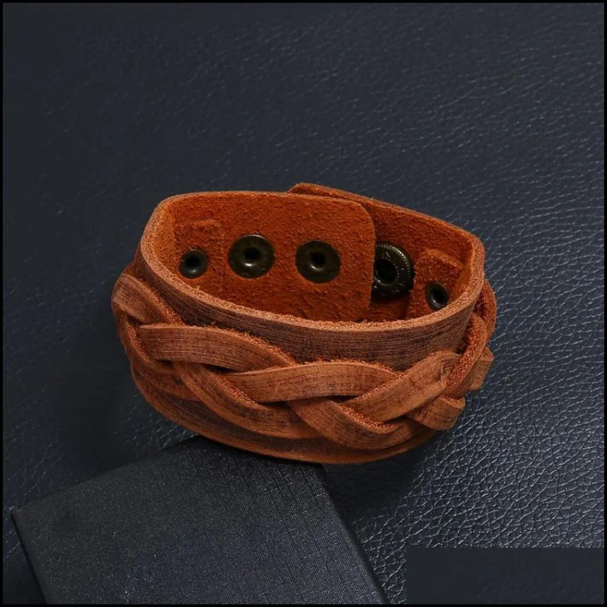 ethnic weave braid leather bangle cuff button adjustable bracelet wristand for men women fashion jewelry