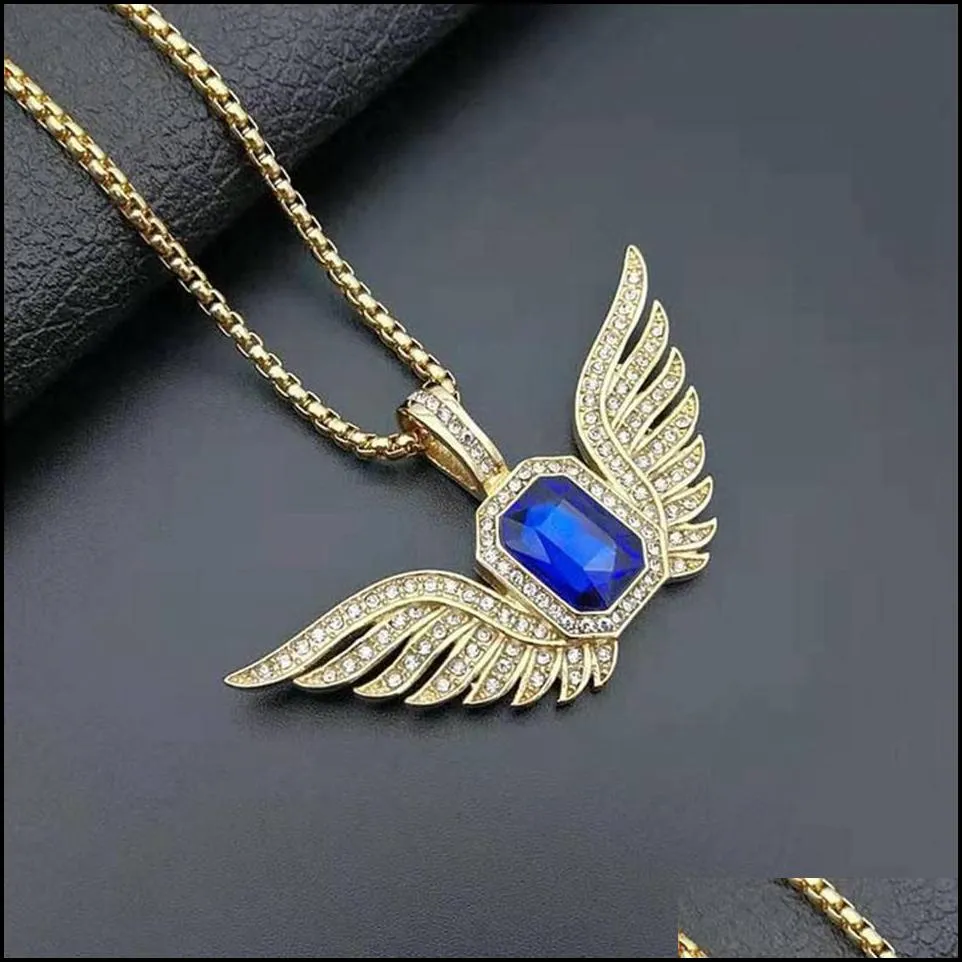 pendant necklaces hip hop gold color neckaces cubic zirconia paved bling iced out angel wing pendants necklace for men rapper jewe233k