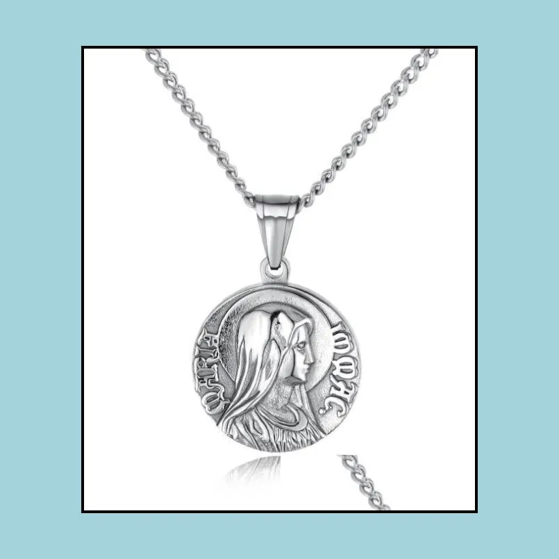 stainless steel virgin mary pendants necklace with gold silver chain for men round coin jesus christ jewelry wholesale