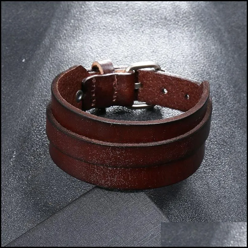 pin buckle belt leather bangle cuff wide adjustable bracelet wristand for men women fashion jewelry