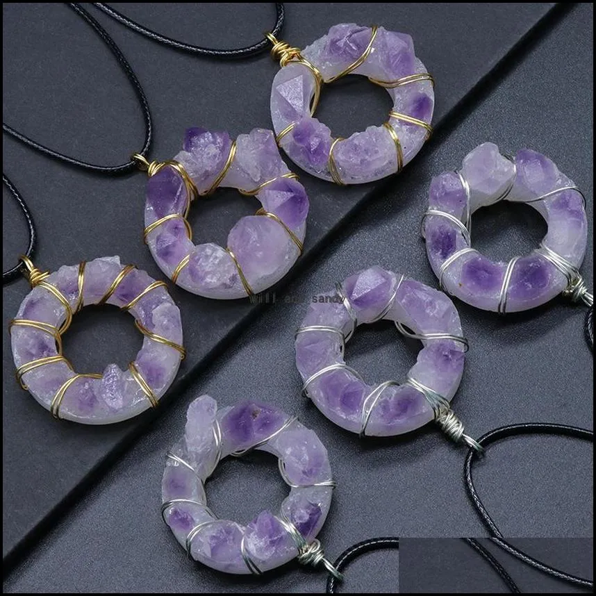 irregular wire wrapped natural stone amethyst necklace pendant 35mm donut pendant healing crystal collar necklaces for women fashion jewelry will and