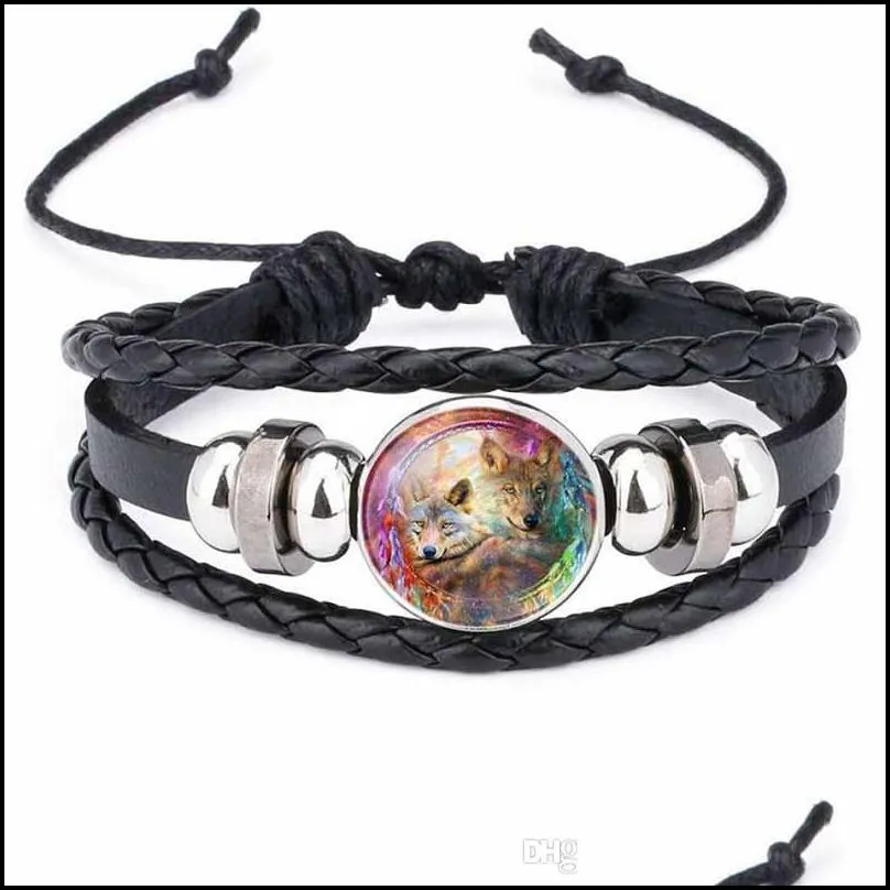 moon wolf handmade glass cabochon woven leather bracelet bangles mens black punk animal bracelets hip hop jewelry drop ship