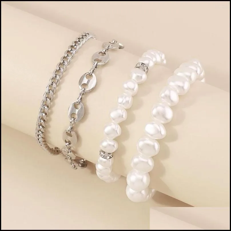 strand 4pcs pig nose pearl bracelet silver bead punk retro layered cuban link chain bracelets jewelry for women wristband