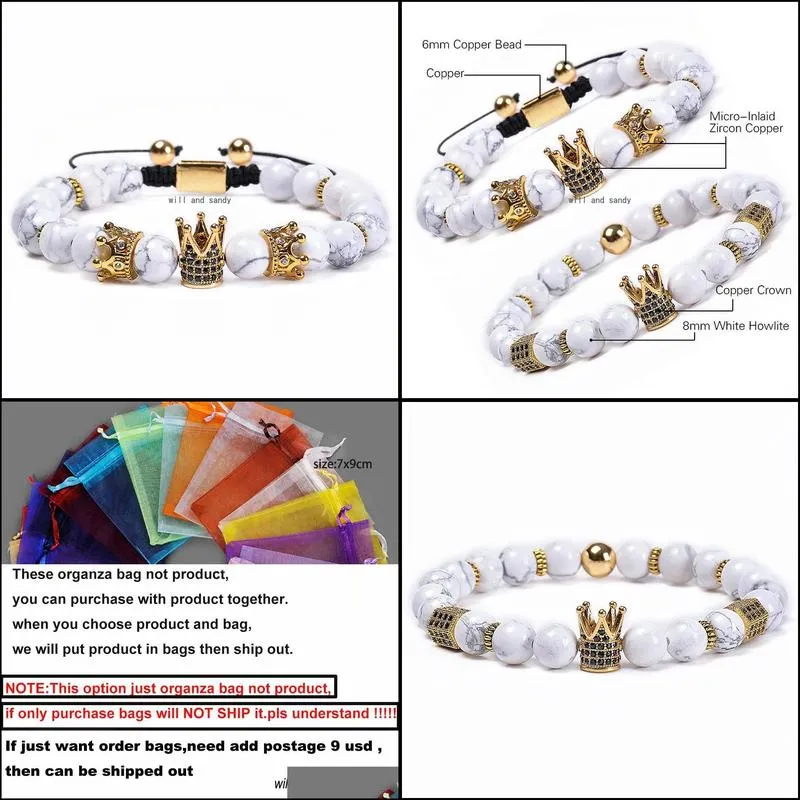 braided copper zircon diamond crown bracelets natural stone howlite beads strand bracelet wristband for women men fashion jewelry will and