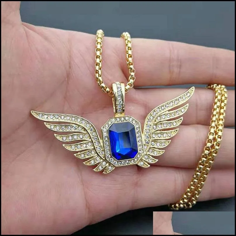 pendant necklaces hip hop gold color neckaces cubic zirconia paved bling iced out angel wing pendants necklace for men rapper jewe233k