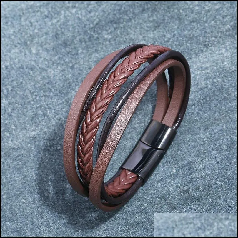 stainless steel clasp bracelets mens leather braided bracelet multilayer fashion jewelry will and sandy gift