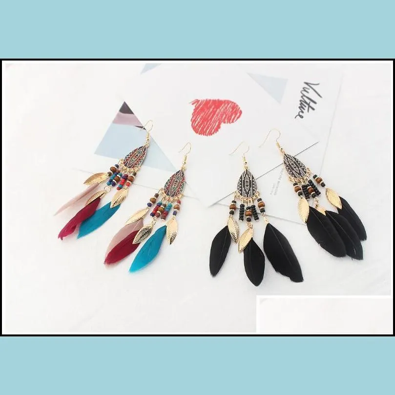 long tassel feather dangle earring vintage rice beads leaf metal oil drip bohemian dangling earrings fashion jewelry wholesale