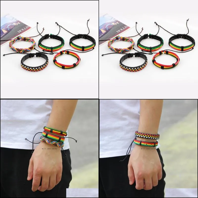 women men multilayer rainbow leather bracelet adjustable hiphop jewelry set vintage 5pcs/set braided bracelets bangle cuff fashion jewelry will and