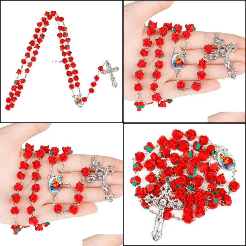 red rose beads rosary necklace christian cross soft pottery rosaries long necklaces religious jewelry for women girls fashion will and