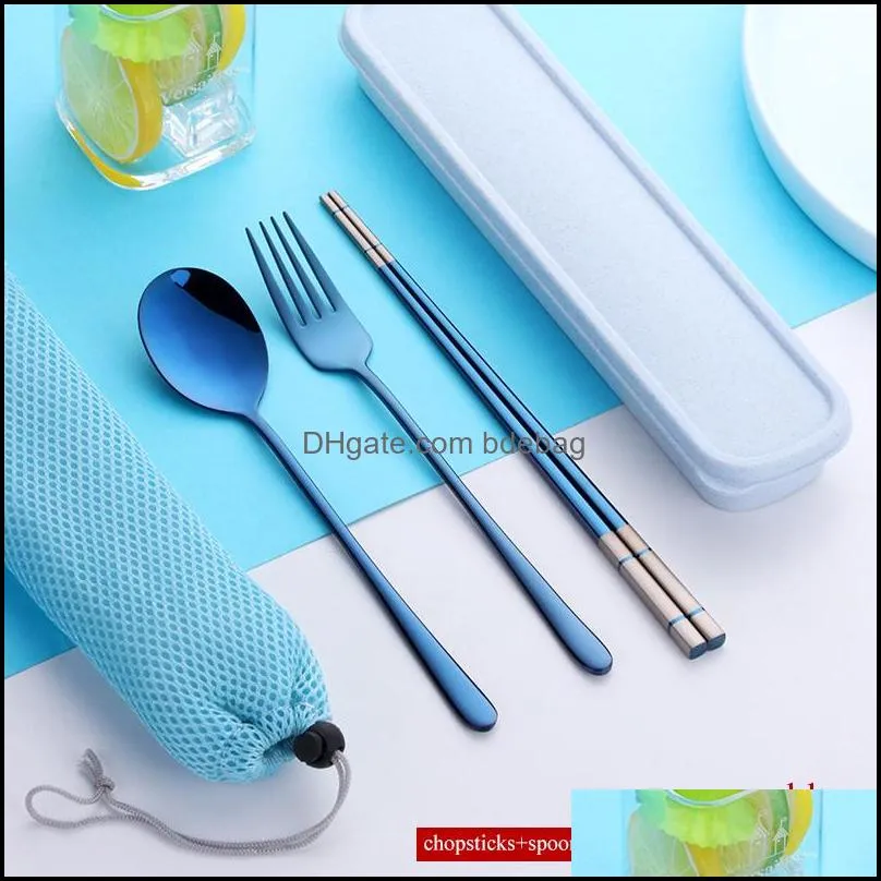 304 stainless steel chopsticks spoon fork tableware set with portable gift box and bag for adult school travel picnic cutlery set