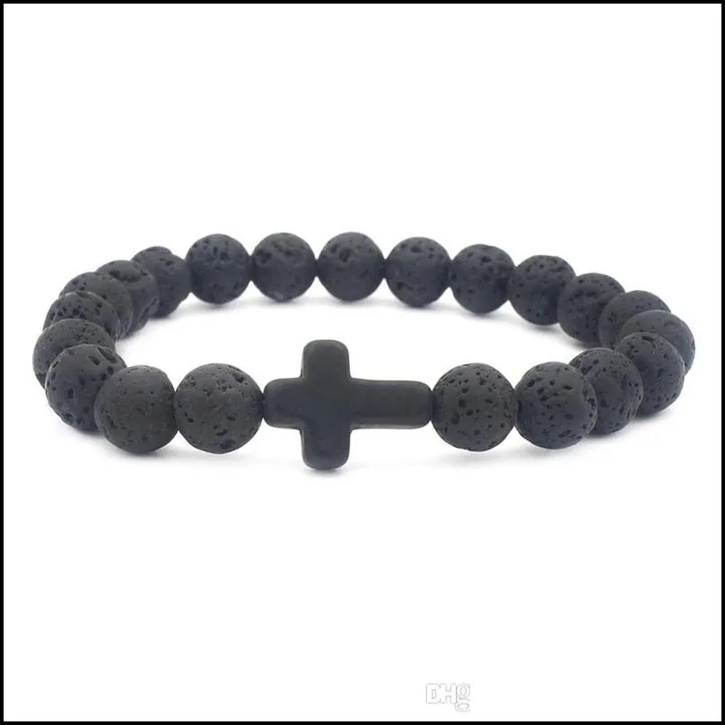 lava stone beaded strand bracelets natural black essential oil diffuser elastic cross bracelet volcanic rock hand strings jewelry