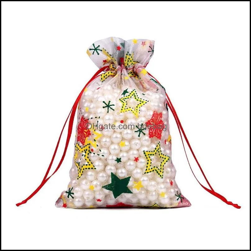 christmas organza drawstring bag christmas wedding jewelry packaging pouches xmas pattern candy favors organza drawstring bag
