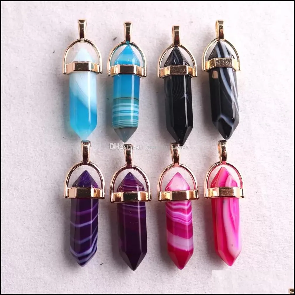 fashion stripe light blue pink onyx stone charms bullet shape point chakra gold pendants for jewelry making wholesale