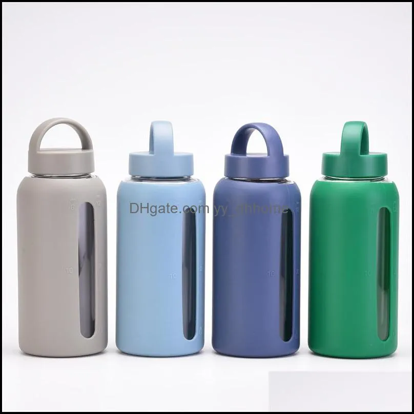 800ml glass water bottle with time scale large capacity outdoor sport flasks with silicone cup cover