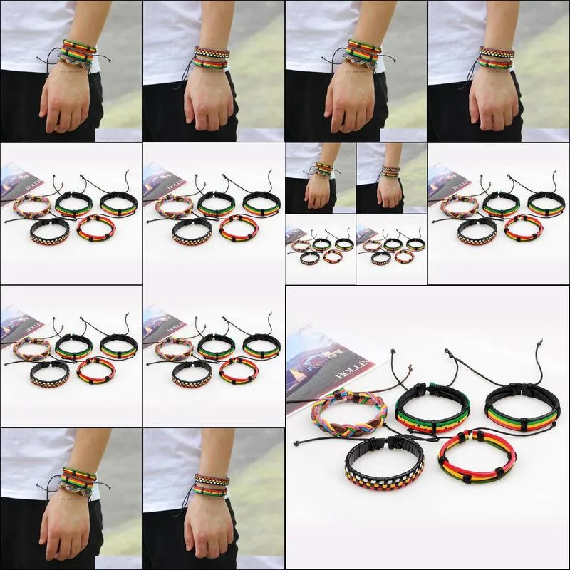 women men multilayer rainbow leather bracelet adjustable hiphop jewelry set vintage 5pcs/set braided bracelets bangle cuff fashion jewelry will and