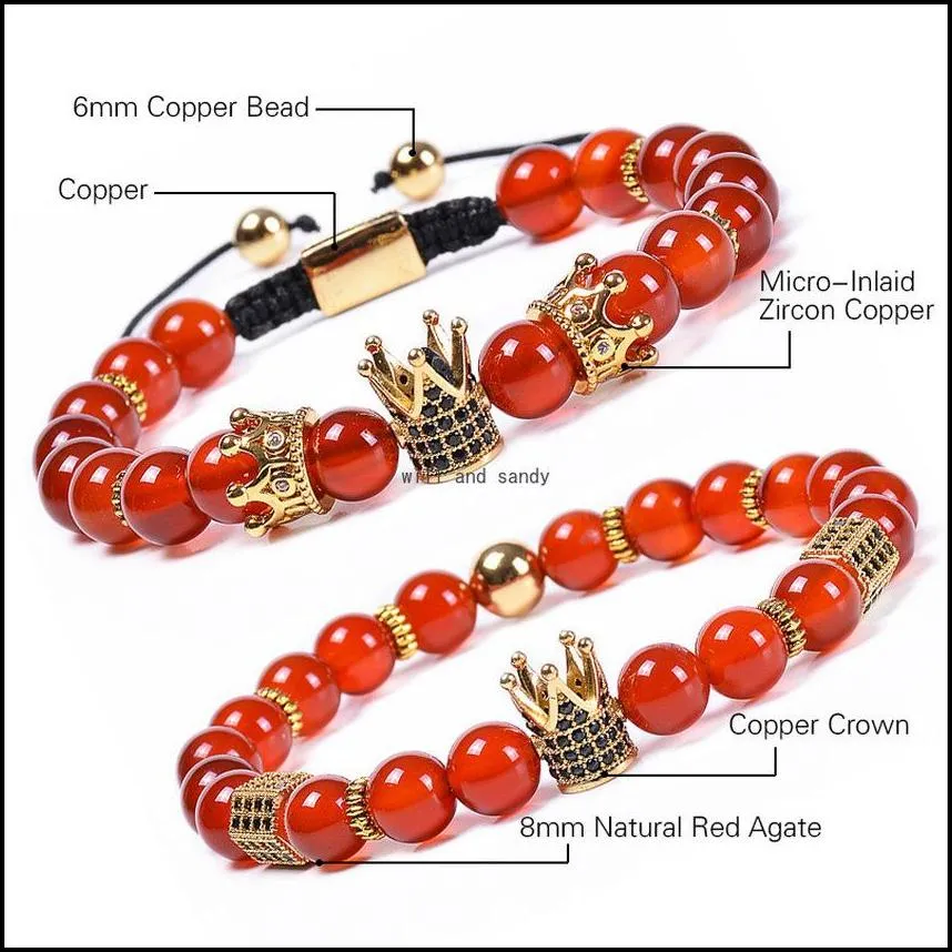copper microinlaid zircon crown bracelets braided natural stone red agate bracelet bead adjustable strand bracelet for women men fashion jewelry will and